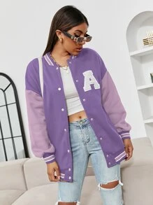 SHEIN Unity 撞色字母貼布落肩袖學院風夾克 - 紫羅蘭色 - 查看 4