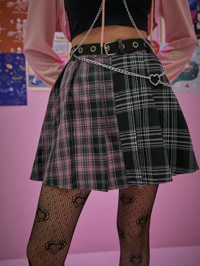 ROMWE Sweetness Plaid Colorblock Skirt