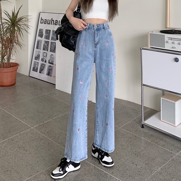 

High Waist Heart Embroidered Wide Leg Jeans, Light wash