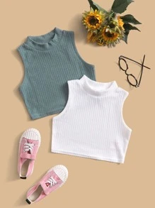SHEIN Tween Girl 2 Packs Mock-Neck Rib-Knit Tank Top - Multicolor - View 1