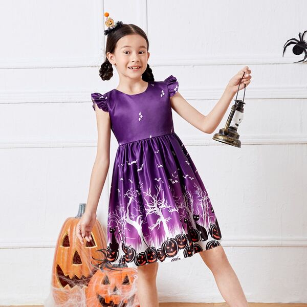 

Girls Halloween Print Ruffle Trim Satin Party Dress, Purple