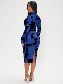 SHEIN SXY Đầm Chia Hình học Thanh lịch - Xanh đậm - Xem 2
