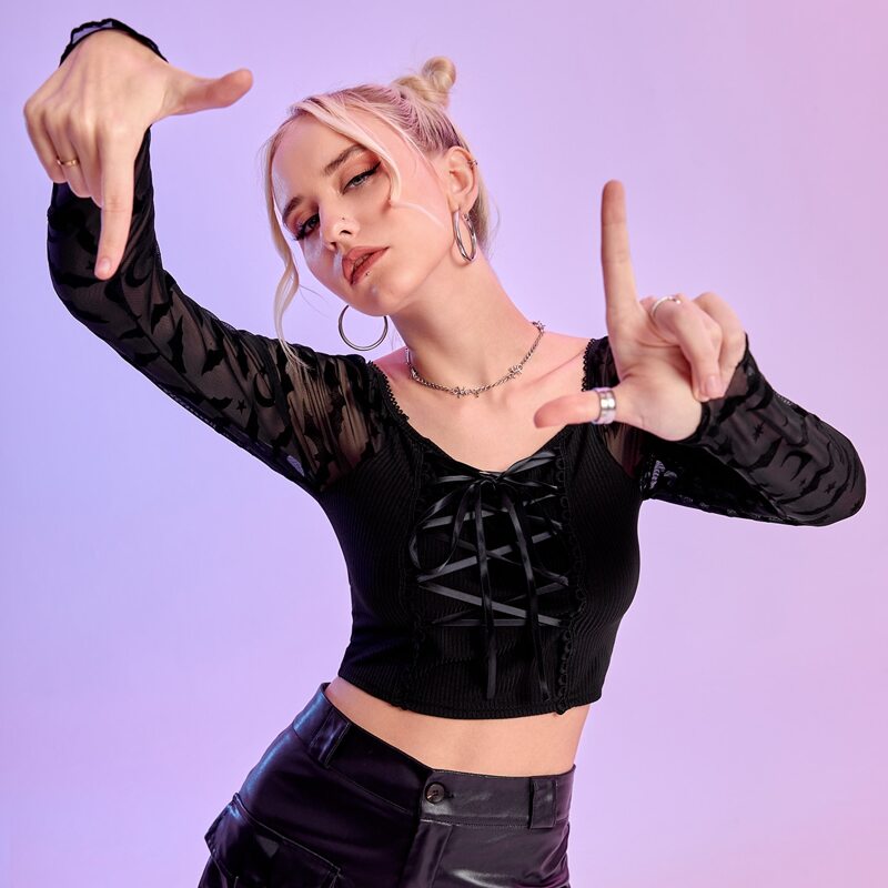 

Contrast Bat Mesh Lace Up Crop Tee, Black