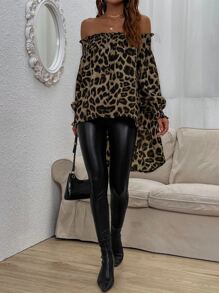 SHEIN LUNE Off-shoulder Leopard Print High Low Blouse - Multicolor - View 4
