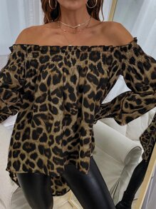 SHEIN LUNE Off-shoulder Leopard Print High Low Blouse - Multicolor - View 6