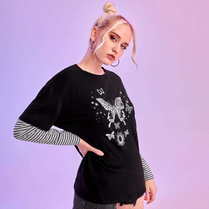 

2 In 1 Striped Sleeve Butterfly Graphic Tee, Black and white