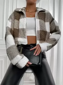 Calvaya Buffalo Plaid Print Drop Shoulder Zip Up Jacket Fall Winter Cloth For Women - Multicolor - View 1