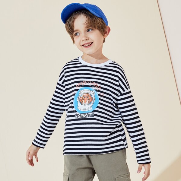 

Boys Striped Letter And Tiger Print Drop Shoulder Tee, Black and white