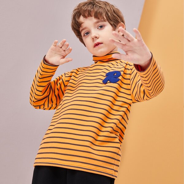 

Boys Striped Letter Patched High Neck Drop Shoulder Tee, Multicolor