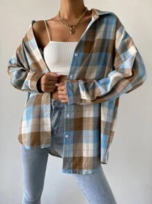 SHEIN Unity Blusa con hombros caídos y estampado de cuadros para mujer - Multicolor - Ver 1