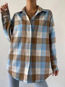 SHEIN Unity Blusa con hombros caídos y estampado de cuadros para mujer - Multicolor - Ver 3