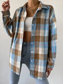 SHEIN Unity Blusa con hombros caídos y estampado de cuadros para mujer - Multicolor - Ver 4