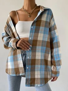 SHEIN Unity Blusa con hombros caídos y estampado de cuadros para mujer - Multicolor - Ver 5