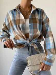 SHEIN Unity Blusa con hombros caídos y estampado de cuadros para mujer - Multicolor - Ver 6