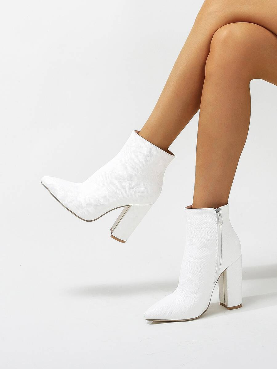 Snakeskin Pattern Side Zipper Chunky Classic Boots - White - View 1