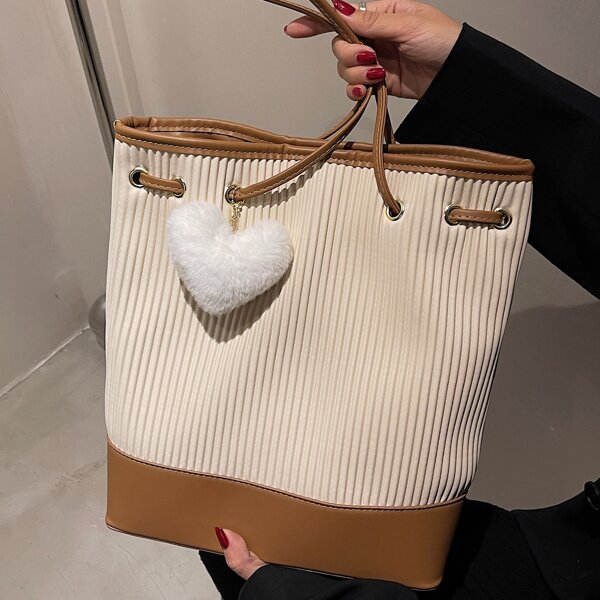 

Colorblock Pom-pom Decor Shoulder Tote Bag, Beige