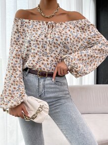 印花繫帶領燈籠袖襯衫 - 彩色 - 查看 4