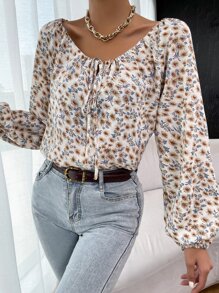 印花繫帶領燈籠袖襯衫 - 彩色 - 查看 5