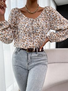 印花繫帶領燈籠袖襯衫 - 彩色 - 查看 6