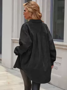 EMERY ROSE Solid Button Front Pocket Detail Corduroy Coat Fall Winter Cloth For Women - Black - View 2