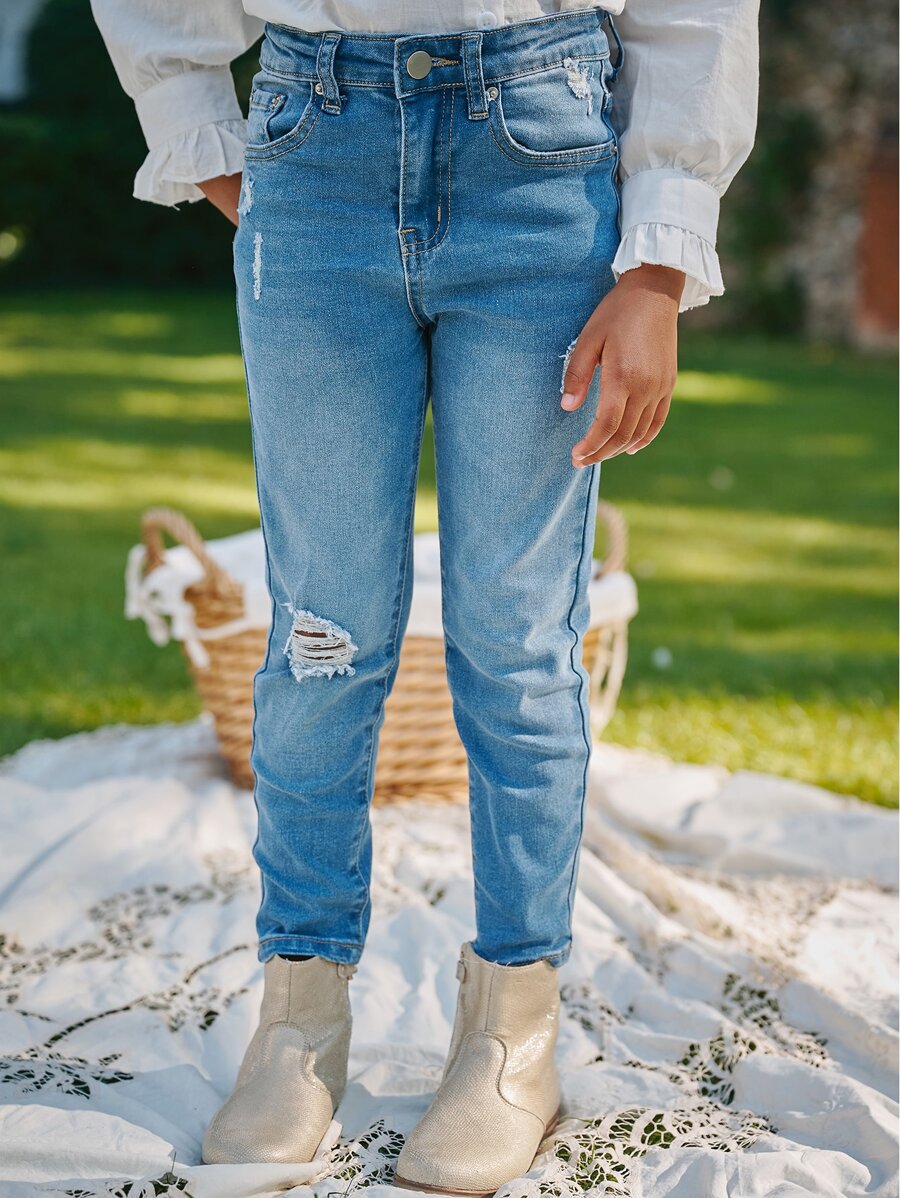 เด็กผู้หญิง กางเกงยีนส์ขาด - สียีนส์กลาง - ดู 1