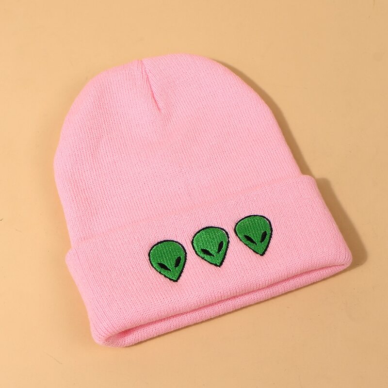 

Alien Embroidery Knit Beanie, Pink
