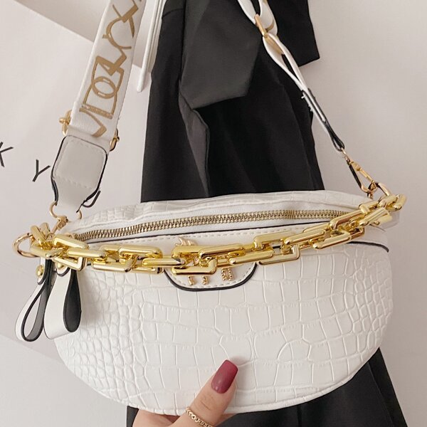 

Croc Embossed Chain Guitar Strap Crossbody Bag, White