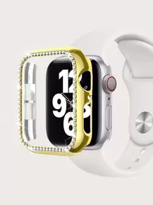 1入女性和男性閃亮閃亮鑽石鑲嵌pc保護殼,兼容apple Watch Se/9/8/7/6/5/4/3/2/1,適用於38mm、40mm、41mm、42mm、44mm和45mm,硬塑料,防摔和防刮,豪華閃亮電鍍金屬外殼 - 金色 - 查看 1