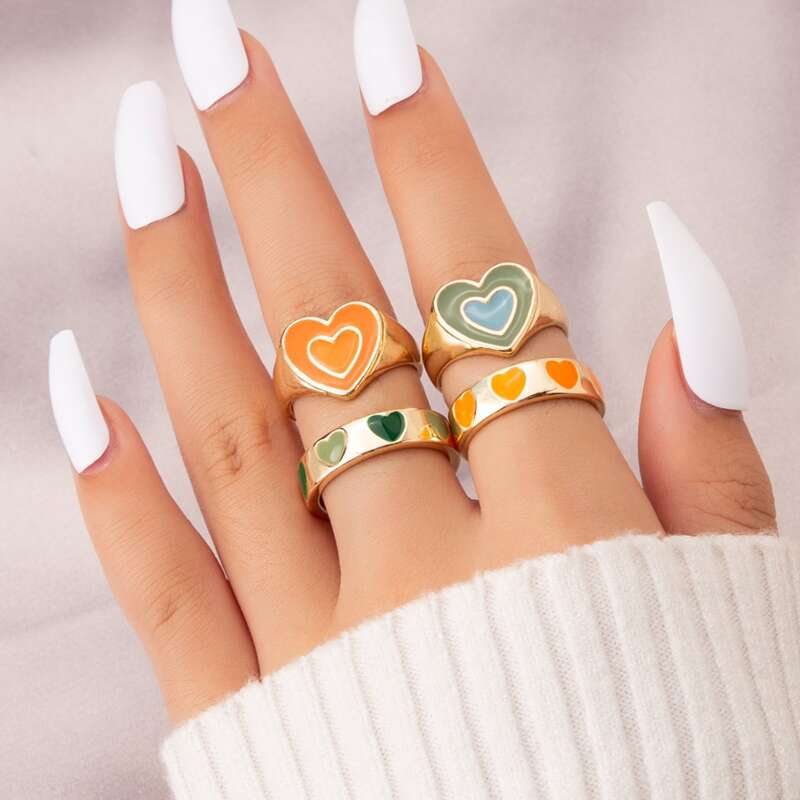 

4pcs Heart Decor Ring, Gold
