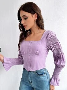 SHEIN Unity 後綁帶荷葉袖襯衫 - 紫丁香色 - 查看 3