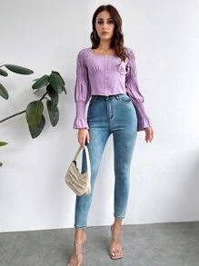 SHEIN Unity 後綁帶荷葉袖襯衫 - 紫丁香色 - 查看 5