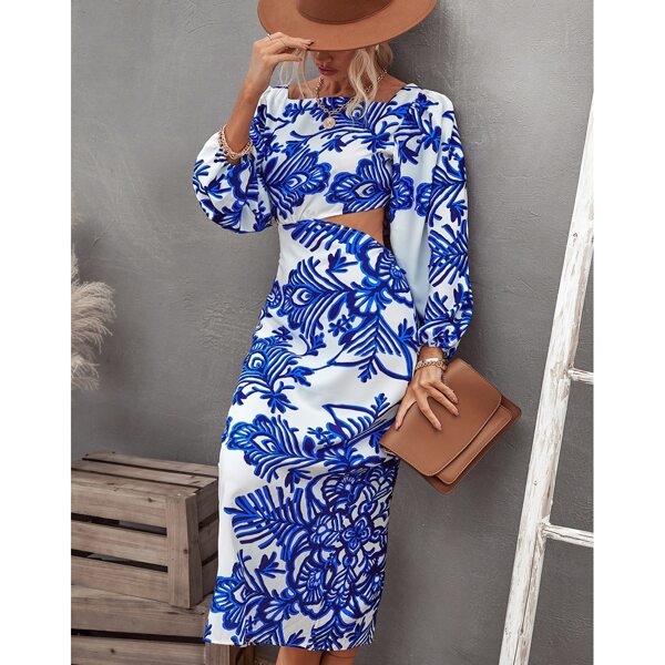 

Floral Print Lantern Sleeve Cut Out Tie Back Dress, Blue and white