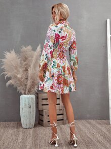 滿版印花前紐扣繫腰帶連衣裙 - 彩色 - 查看 2