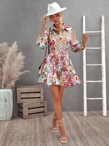 滿版印花前紐扣繫腰帶連衣裙 - 彩色 - 查看 3