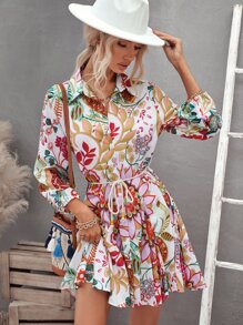 滿版印花前紐扣繫腰帶連衣裙 - 彩色 - 查看 4