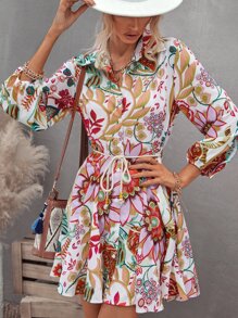 滿版印花前紐扣繫腰帶連衣裙 - 彩色 - 查看 5