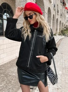 Aveloria Drop Shoulder Zipper Suedette Jacket - Black - View 1