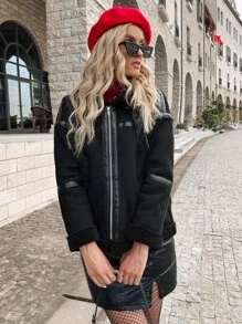 Aveloria Drop Shoulder Zipper Suedette Jacket - Black - View 6