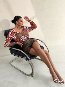 Áo sơ mi In Địa lý Nút phía trước - Nhiều màu - Xem 5