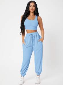 SHEIN PETITE Bộ đồ hai mảnh nữ Dây kéo Túi màu trơn Thể thao - Màu xanh nhạt - Xem 4