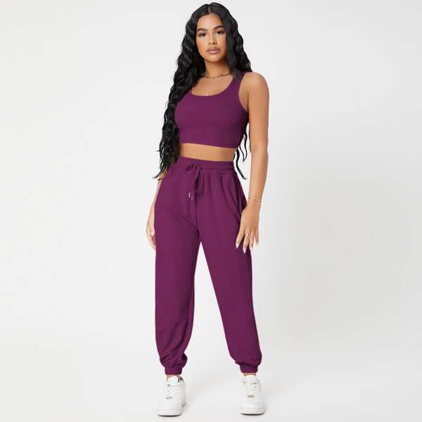 

Solid Crop Tank Top And Joggers Set, Purple