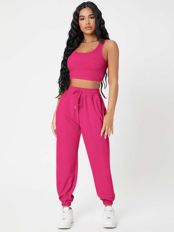 SHEIN PETITE Solid Crop Tank Top And Joggers Set
