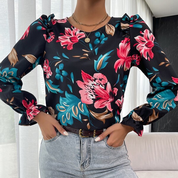 

Floral Print Flounce Sleeve Ruffle Trim Blouse, Multicolor