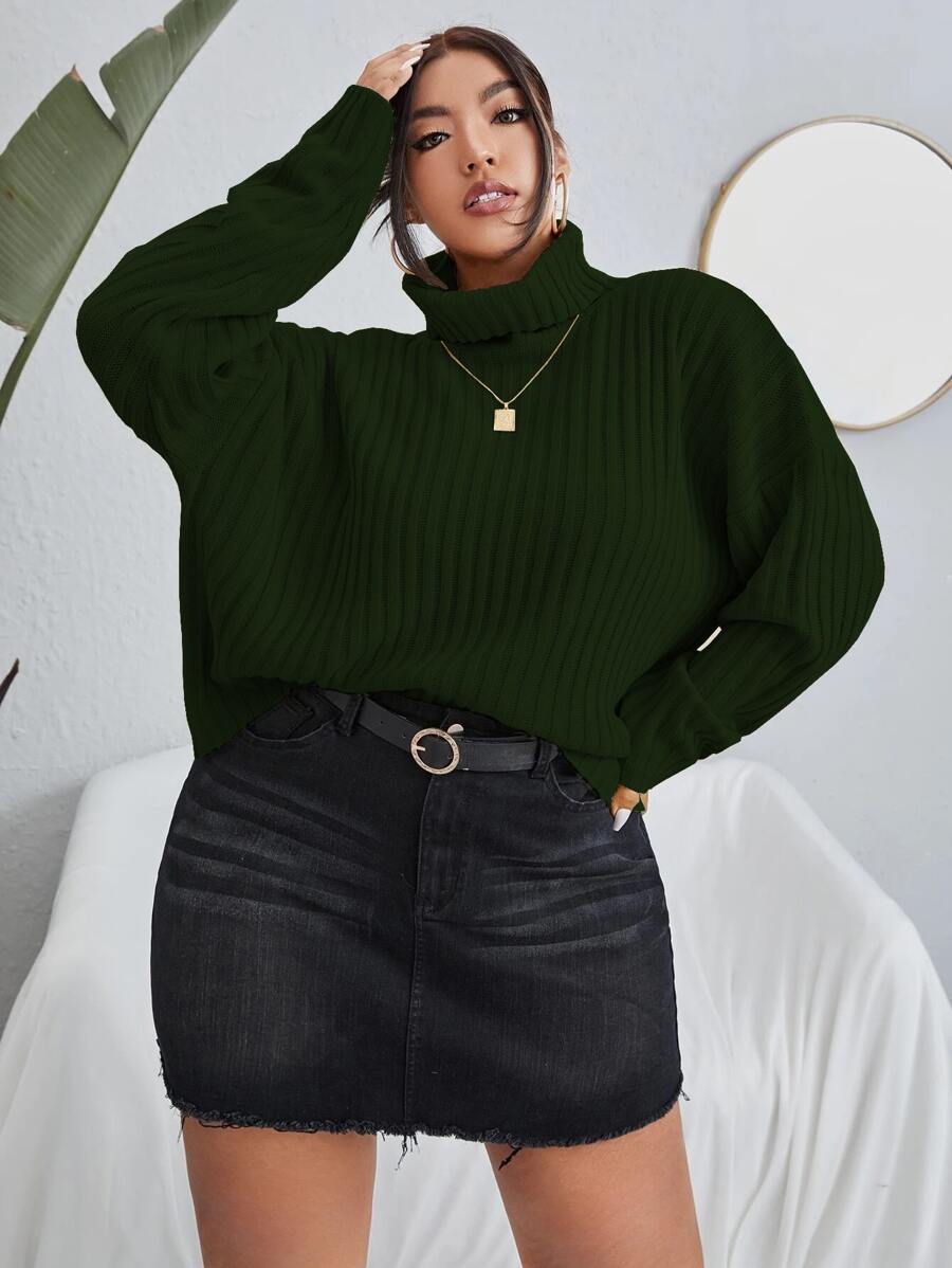 Flirla Plus Turtleneck Drop Shoulder Jumper - Dark Green - View 1