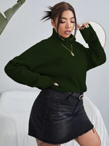 Flirla Plus Turtleneck Drop Shoulder Jumper - Dark Green - View 4