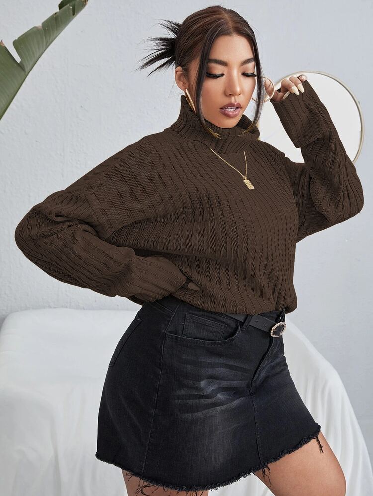Plus Turtleneck Drop Shoulder Sweater, For Winter Knit Pullover Fall Autumn
