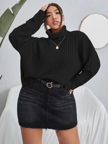 Flirla Áo len Plus Size Gân đan màu trơn Giải trí - màu đen - Xem 1