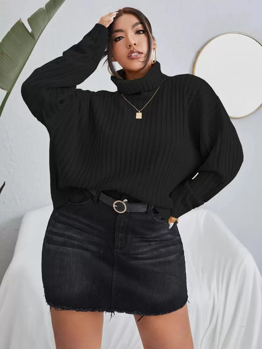 Flirla Áo len Plus Size Gân đan màu trơn Giải trí - màu đen - Xem 1