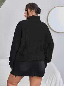 Flirla Áo len Plus Size Gân đan màu trơn Giải trí - màu đen - Xem 2