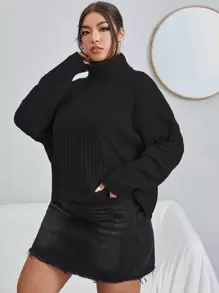 Flirla Áo len Plus Size Gân đan màu trơn Giải trí - màu đen - Xem 3